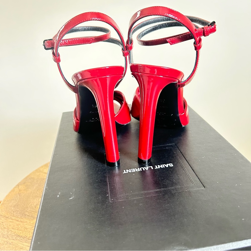 Saint Laurent NWOB Designer Amy Patent Leather Bow Ankle-Strap Sandals Size 35.5 - Picture 8 of 14